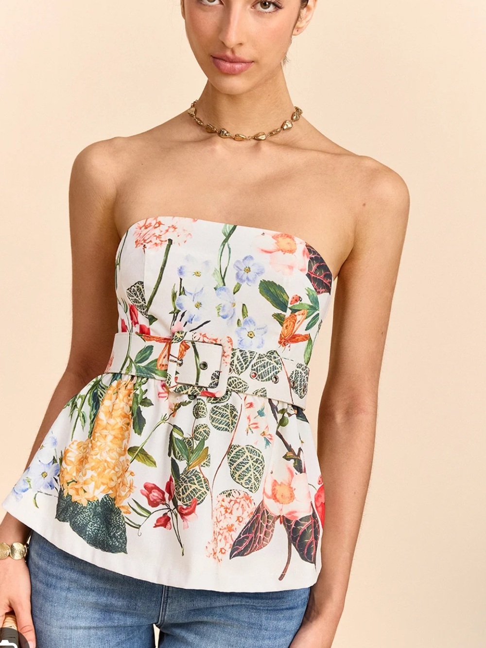 Commense Floral Print Strapless Peplum Top With Belt